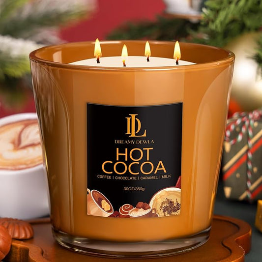 Large Candle Hot Cocoa Scented, 4 Wick Natural Soy Candles for Home Scented, 30oz Big Holiday Candle Long Lasting, Home Kitchen Scent Candles Valentine's Day Gifts for Women Men