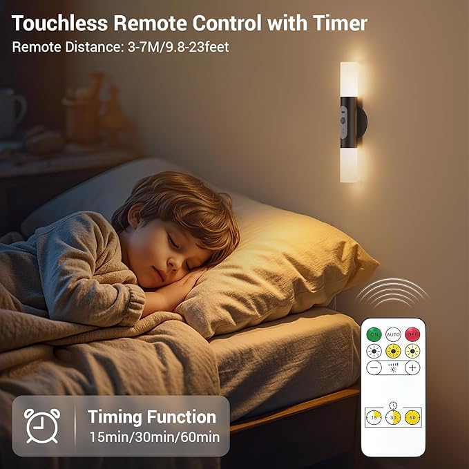 Motion Sensor Wall Lights with Remote Control, LED Rechargeable Battery Operated Wall Sconces Set of Two for Bedroom, Wireless Night Light for Indoor Stairway, Hallway, Black