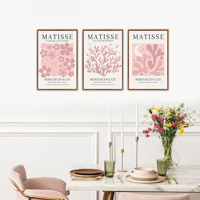 HLNIUC Pink Matisse Picasso Framed Wall Art,Neutral Pink Flower Canvas Wall Decor Set of 3(16”x24’) Modern Aesthetic Pictures Wall Painting,Abstract Floral Market Art Print for Living Room,Bedroom