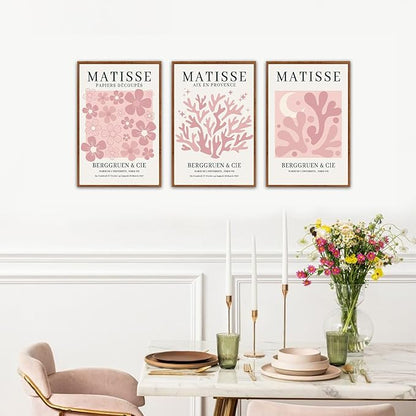 HLNIUC Pink Matisse Picasso Framed Wall Art,Neutral Pink Flower Canvas Wall Decor Set of 3(16”x24’) Modern Aesthetic Pictures Wall Painting,Abstract Floral Market Art Print for Living Room,Bedroom