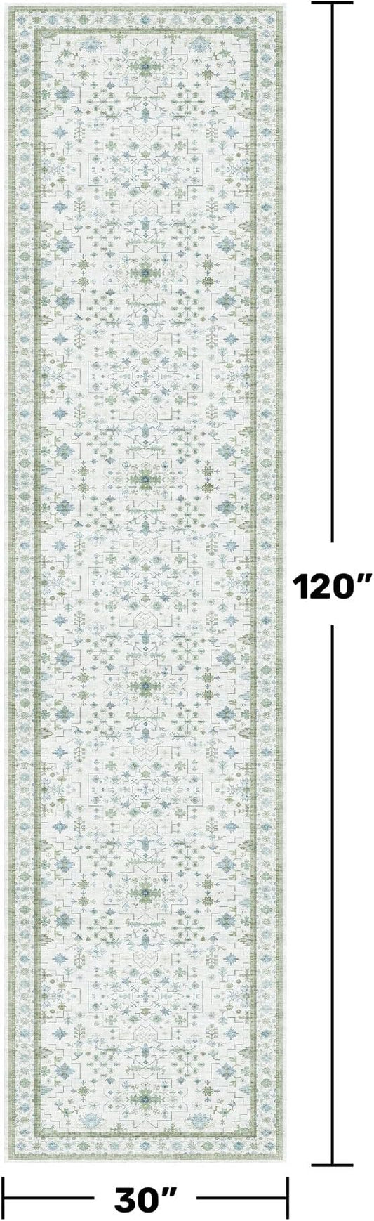 Oushak Wide Hallway Runner Rug 2'6"x10' - Vintage Turkish Floral, Washable Low Pile Non Slip 10ft Wide Runners for Kitchen, Hall Way - Blue and Green