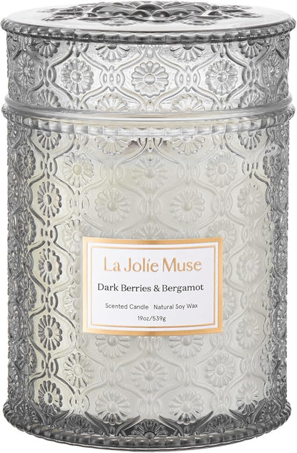 LA JOLIE MUSE Dark Berries & Bergamot Scented Candles, 19 oz Large Glass Jar Candle, Candle Gifts for Women&Men, Natural Soy Candles for Home, 90 Hours Long Burning Time