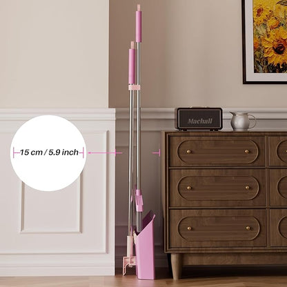 JOYMOOP Pink Broom and Dustpan Set, Upright Angle with Built-in Comb Teeth for Kitchen, Lobby, Pet Hair and Hard Floors