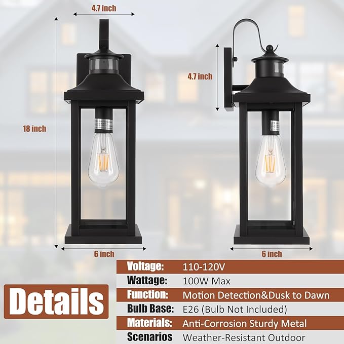 18 Inch Motion Sensor Outdoor Lights 2-Pack, Large Black Dusk to Dawn Outdoor Porch Lights for House IP65 Waterproof Exterior Lighting Fixtures for Front Door Garage Lantern Sconces