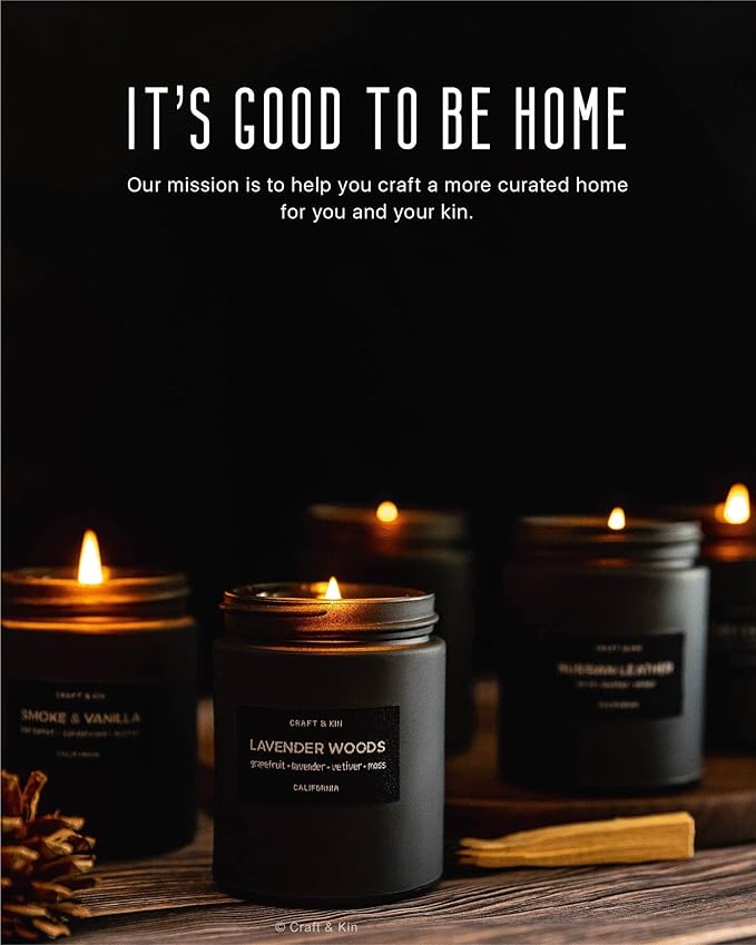 Craft & Kin Premium Lavender Woods Candle | Black Scented Candles for Men | Long Lasting with 45 Hour Burn Time, 7.6oz | Soy Candle | Aromatherapy at Home | Gifts for Men