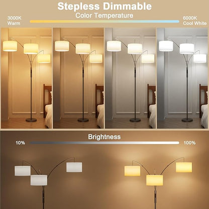 36W LED Arc Floor Lamp with 3 White Fabric Shades, 3000LM Super Bright Standing Lamp with Remote Control & Touch, Stepless Dimming, Individual Light Control for Living Room, Bedroom