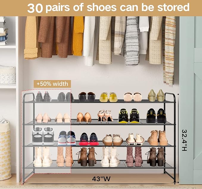 KEETDY 4-Tier Long Shoe Rack for Closet, Wide Shoe Organizer for Closet Floor Storage, Stackable Shoe Rack for Entryway Metal Shoe Shelf for 30 Pairs Men Sneakers with Wire Grid for Bedroom, Black