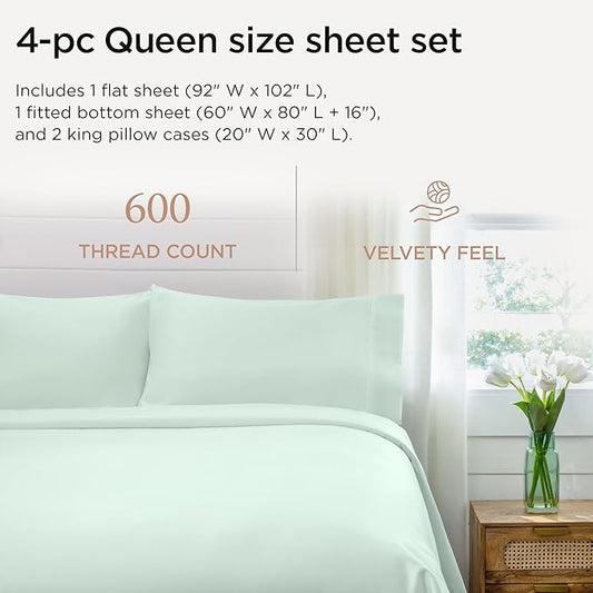 Threadmill Queen Sheet Set | 600 Thread Count Bed Sheets for Queen Mattress with 16” Deep Pocket | Sateen Weave 4-Piece Bedding Set with Cooling Effect | Seaglass