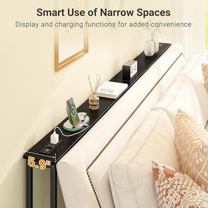 ELYKEN 47.2" Narrow Console Sofa Table with Power Outlet, 5.9'' Behind Couch Table with Charging Station, Long Entryway Tables for Living Room, Hallway, Black