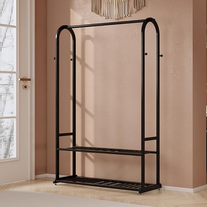 Heavy Duty Clothes Rack with Bottom Shelves & 6 side Hooks - Sturdy Metal Clothing Rack,Garment Racks for Hanging Clothes,can keep and organize your shoes and boxes in order