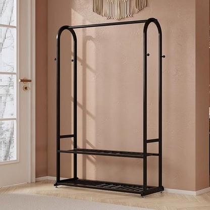 Heavy Duty Clothes Rack with Bottom Shelves & 6 side Hooks - Sturdy Metal Clothing Rack,Garment Racks for Hanging Clothes,can keep and organize your shoes and boxes in order