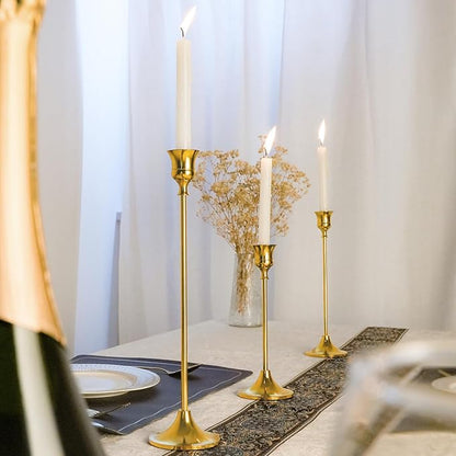Metal Candle Holders for Candlesticks Taper Candlestick Holders Set Vintage Decorative Centerpiece Candelabra Tall Candle Stands (Gold, 1 Set (3 pcs))