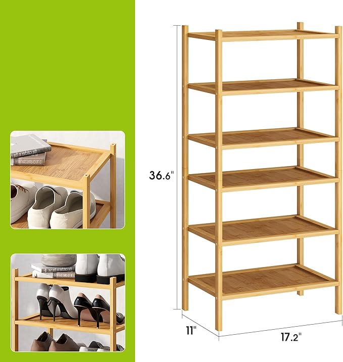 BMOSU 6-Tier Bamboo Small Shoe Rack Premium Stackable Shoe Shelf Storage Organizer for Hallway Closet Living Room Entryway Organizer(Natural)