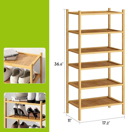 BMOSU 6-Tier Bamboo Small Shoe Rack Premium Stackable Shoe Shelf Storage Organizer for Hallway Closet Living Room Entryway Organizer(Natural)