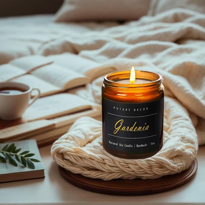 Gardenia Scented Candles for Home, 9oz Natural Soy Wax Aromatherapy Organic Santal Candle for Stress Relief, Long Burning & Lasting Jar Candle Gifts for Birthday, Housewarmings, Thanksgiving
