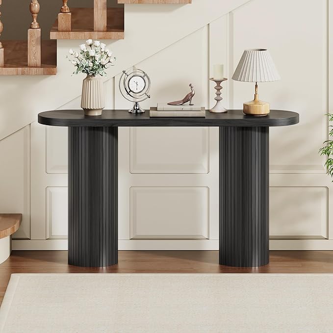 55 Inch Console Table, Fluted Entryway Table, Mid-Century Modern Sofa Table Behind The Couch, Hallway Tables, Curved Sofa Stand for Hallway, Living Room, Foyer Black