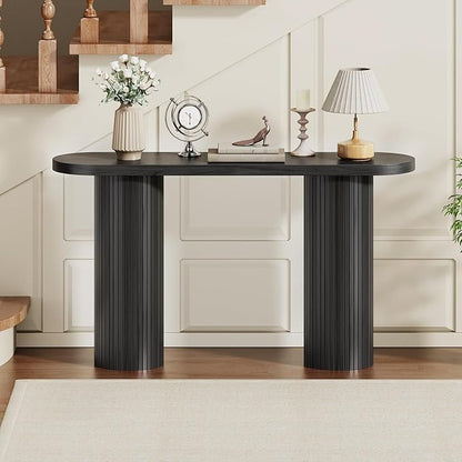 55 Inch Console Table, Fluted Entryway Table, Mid-Century Modern Sofa Table Behind The Couch, Hallway Tables, Curved Sofa Stand for Hallway, Living Room, Foyer Black