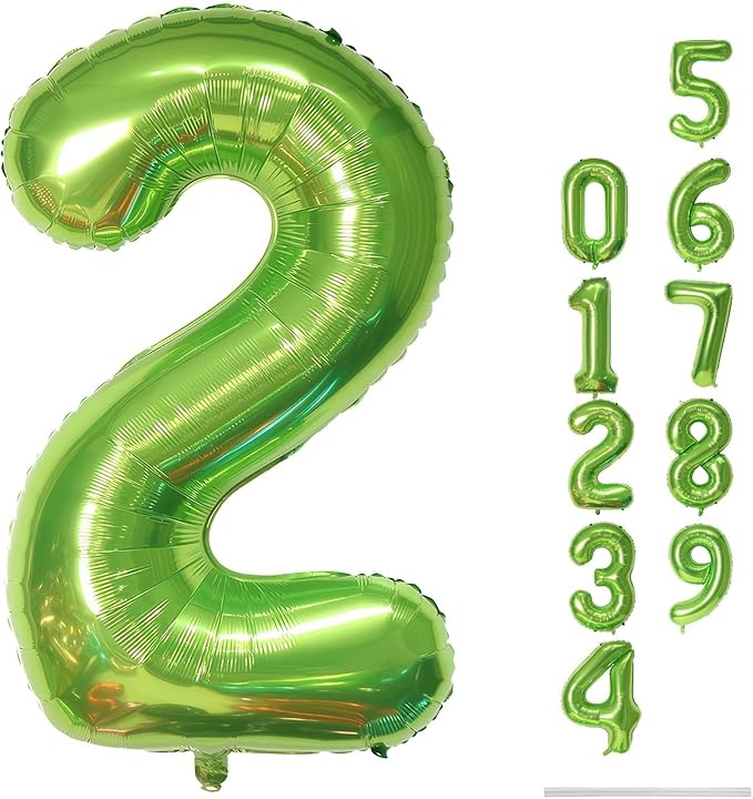 Green 2 Balloons, 40 Inch Giant Helium Foil Number 0-9 Green Birthday Balloon for Boys Girls, Self Inflating Digit 2 Balloons for Women Men Anniversary Jungle Football Party Decorations Supplies