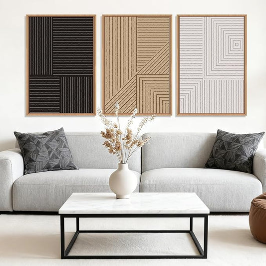 HLNIUC Large Black and White Neutral Wall Art 3 Piece, Boho Abstract Canvas Wall Decor, Minimalist Geometric Line Painting, Mid Century Modern Art Print for Living Room, Bedroom, Office 24x36 In