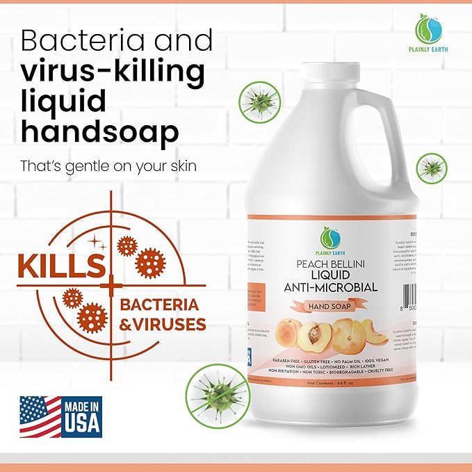 AntiMicrobial Hand Soap, 64 oz Bulk Refill - Antibacterial Hand Soap, Gentle, Scented Moisturizing Hand Soap for Kitchen and Bathroom - Peach Bellini