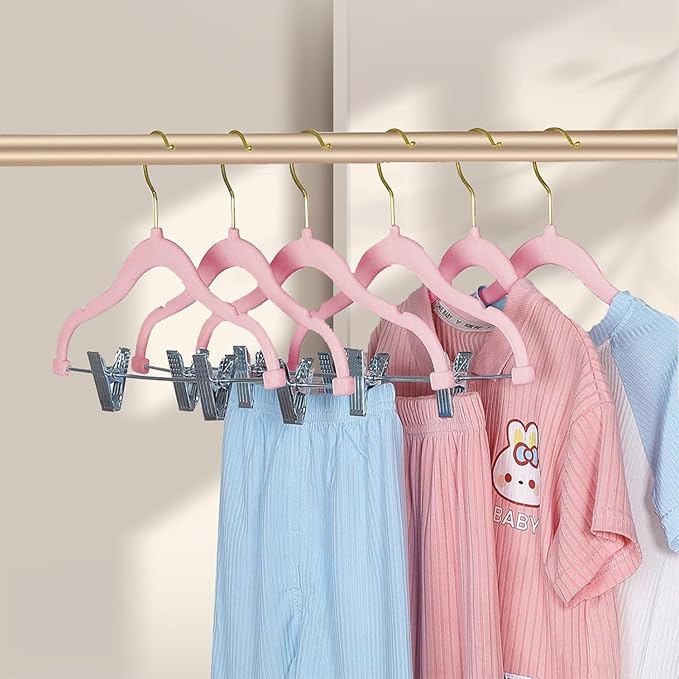 Stormix Baby Hangers, 24 Pack Pants Hangers with Clips, Non-Slip Clothes Hangers, Heavy-Duty Kids Hangers for Shirts, Pants, Skirts, Dresses, Jackets, Coat Pink (Gold Hook)