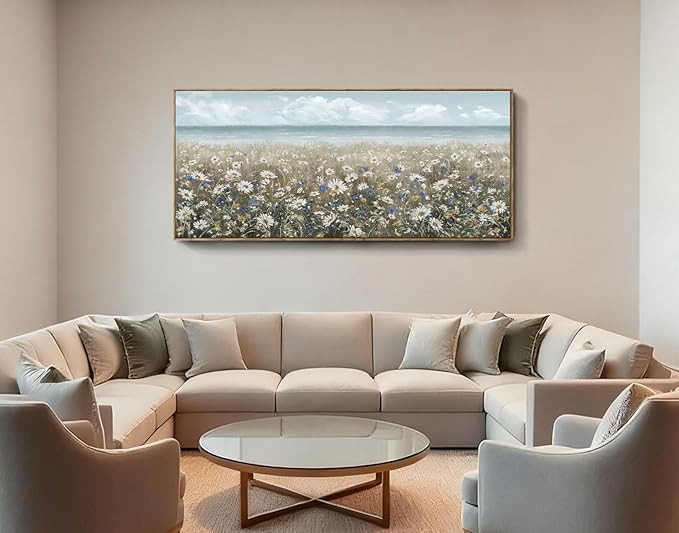 amatop Oversized Framed Canvas Wall Art 6x2.6 ft – Extra Large Farmhouse Art Work Boho Beach Coastal Ocean Nature Daisy Flowers Landscape Picture for Giant Living Room Bedroom Office Decor 71“x31”