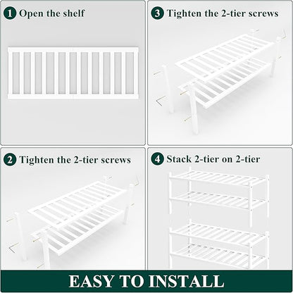 Smiry Shoe Rack, 4 Tier Thick Bamboo Shoe Organizer, Stackable Free Standing Wooden Shoe Storage Shelf for Closet, Entryway, Front Door Entrance, White