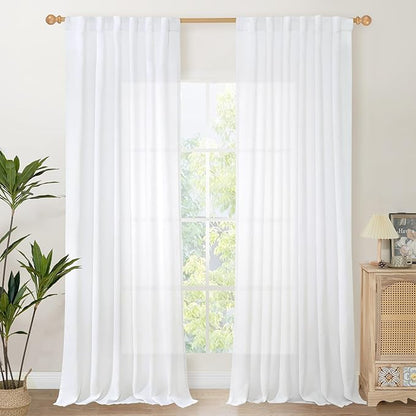YoungsTex Extra Long White Linen Curtains 108 Inch Length for Living Room, Light Filtering Window Drapes with Rod Pocket Back Tab Semi Sheer Pirivacy for Dining Bedroom, 2 Panels, 52 X 108 Inch