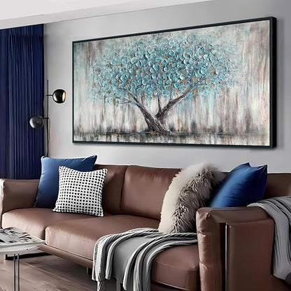 Arjun Framed Blue Tree Extra Large Canvas Wall Art for Living Room Tree of Life Abstract Bedroom Textured Painting, Nature Picture Panoramic Landscape Artwork Home Office Decor, Black Wood 58"x29"