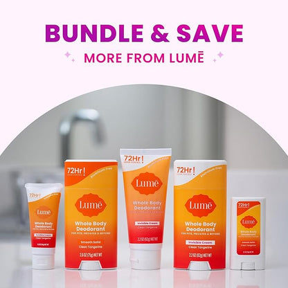 Lume Whole Body Deodorant - Invisible Cream Tube - 72 Hour Odor Control - Aluminum Free, Baking Soda Free, Skin Safe - 3.0 ounce (Pack of 2) (Clean Tangerine)