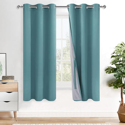 XWZO 100% Blackout Curtains - Thermal Insulated Black Liner Curtains, Noise Reducing and Heat Blocking Drapes for Hall and Studio Windows with Tiebacks, Stone Blue, W42 x L63, Set of 2