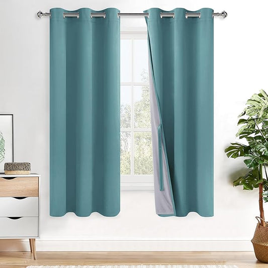 XWZO 100% Blackout Curtains - Thermal Insulated Black Liner Curtains, Noise Reducing and Heat Blocking Drapes for Hall and Studio Windows with Tiebacks, Stone Blue, W38 x L63, Set of 2