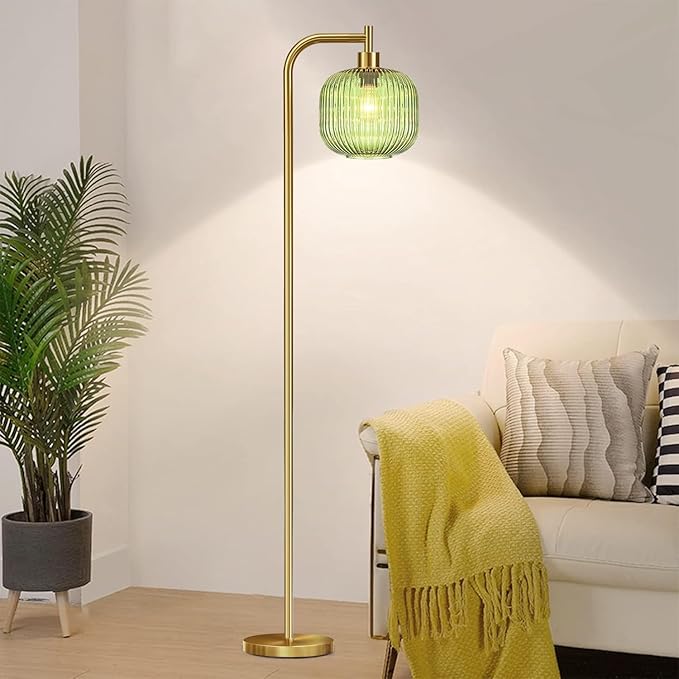 Glass Floor Lamp for Living Room,Bedroom,Dimmable Standing Lamp with Remote,Gold Brass Tall Lamp Mid Century Modern Floor Lamps Green LampShade Boho Vintage Retro Farmhouse Floor Light Bohemian