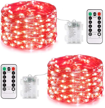 JMEXSUSS 2 Pack Red Fairy Lights Battery Operated, Total 200 LED 66ft Red String Lights Battery Powered with Remote, 8 Modes Halloween Lights for Tree Indoor Outdoor Wreath Bedroom Halloween Decor