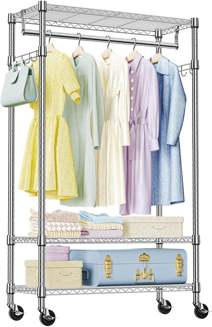 IZEUK Heavy Duty Rolling Garment Rack with 3 Adjustable Wire Shelves, Hanging Rod & Side Hooks - Mobile Clothes Rack with Wheels, 29.5" W x 15.7" D x 75" H,Chrome