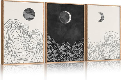 HLNIUC Black and White Abstract Wall Art Set of 3, Large Boho Framed Canvas Decor(24x36), Modern Celestial Sun Moon Painting, Geometric Line Mountain Art Print for Living Room, Bedroom, Office