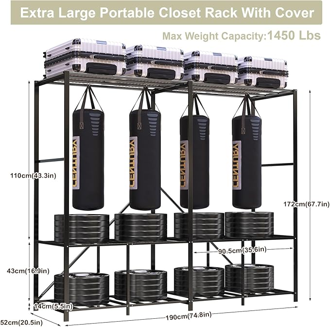 95% Assembeld Strong Garment Rack, Premium Metal 75" L Extra Large Heavy Duty Clothes Rack with Cover, Portable Foldable Freestanding Strong Clothes Racks for Hanging Clothes, Black