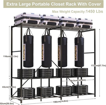 95% Assembeld Strong Garment Rack, Premium Metal 75" L Extra Large Heavy Duty Clothes Rack with Cover, Portable Foldable Freestanding Strong Clothes Racks for Hanging Clothes, Black
