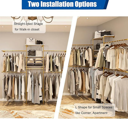 Heavy Duty Gold Pipe Clothing Rack - Wall Mounted Industrial Clothes Rack, DIY Corner Closet System with Shelves, Adjustable Walk-in Closet Organizer (GOLD, 94.5")
