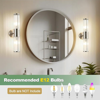 JOOSENLUX Bathroom Sconces Set of 2 Brushed Nickel Wall Sconce Light Fixtures with E12 Base and Glass Rod Design – Modern Vanity Light Fixture for Bathroom, Powder Room, Bedroom, Hallway