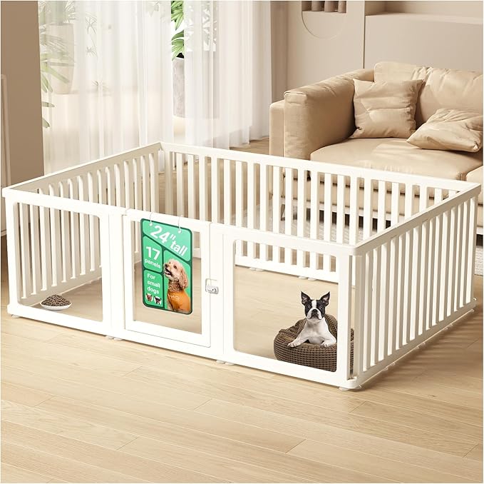 Transparent 17-Panel Dog Playpen, Acrylic Indoor/Outdoor Puppy Pen for Small & Medium Dogs, 24 Inch with Door, White(Ventilated Design 74 * 50 Single Room,24 inch)