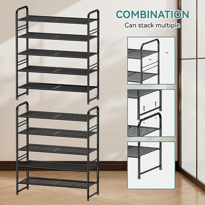 SUFAUY Shoe Rack for Closet, 5 Tier 33" Wide Shoe Storage Shelf for Entryway Bedroom, Stackable, Metal Frame, Black