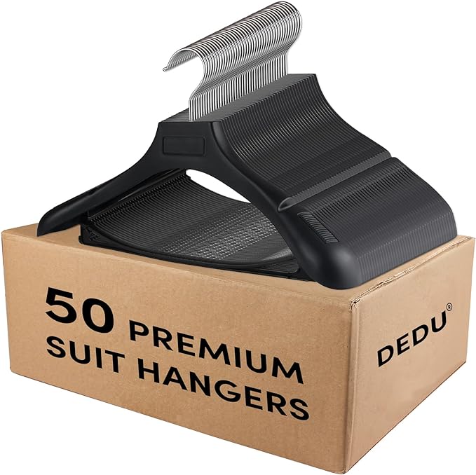 DEDU Suit Hangers for Men 50 Pack, Black Coat Hangers Extra Wide Non Slip Width 17.7", Thick Plastic with Pants Bar & Metal Hook