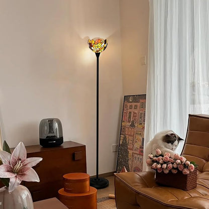 Tiffany Floor Lamp Tochiere Standing Lamp Yellow Grapes Style Stained Glass Floor Light Vintage Tall Pole Uplight Rustic Corner Lamp with Foot Switch for Home Decor Living Room Bedroom