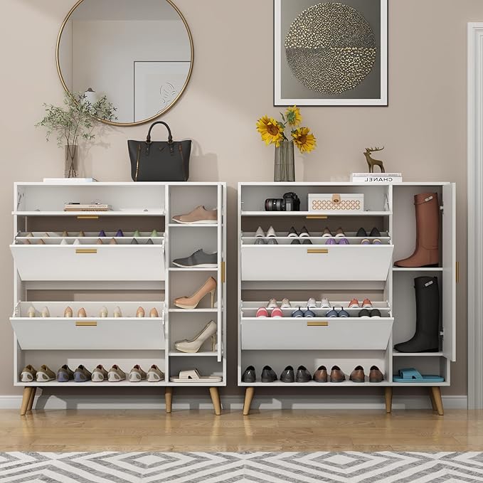 Shoe Rack Cabinet, Free Standing Shoes Storage Organizer Cabinet with 2 Flip Drawers, Entryway Narrow Shoe Rack Storage with Doors for Entryway