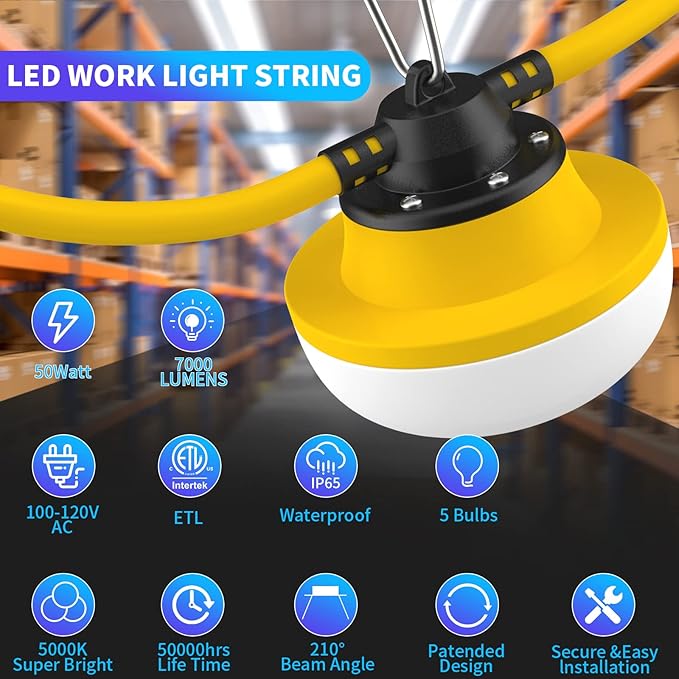 New Upgrade 50FT Construction String Lights LED Industrial Grade Best for Construction Sites,Renovation, Walkways,Patio,Mine cave,Outdoor Lighting Solutions Use,Free for Climbing Hook 2Prong