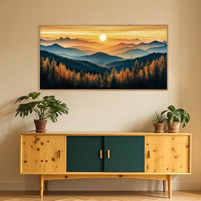 Large Abstract Sunrise Mountain Framed Canvas Wall Art,Boho Nature Forest Wall Decor,Foggy Pine Tree Wall Painting,Retro Landscape Artwork for Living Room,Bedroom,Dining Room,Office - 20"x40"x1