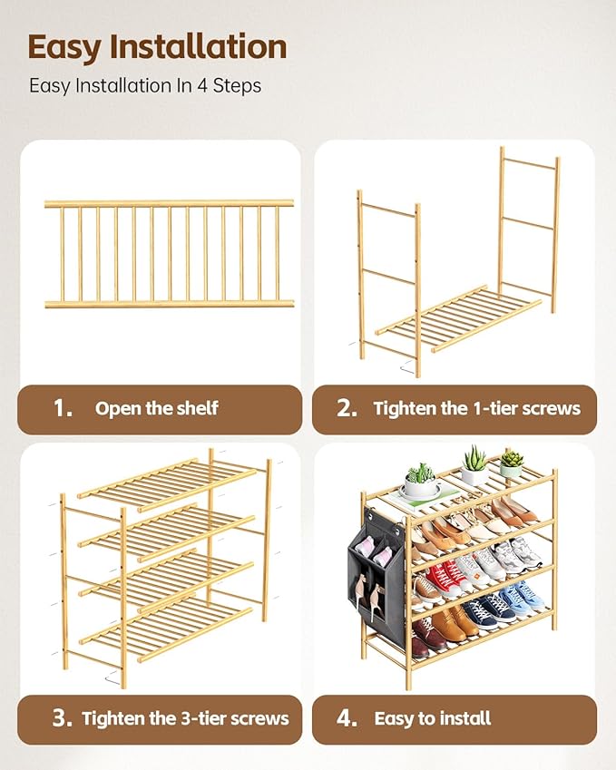 Bamboo Shoe Rack for Closet Small Wooden Shoe Organizer with Pouch, Sturdy Wood Shoe Shelf for Front Door Entrance Entryway and Outdoor, 26 inch Wide (Natural, 4-Tier)
