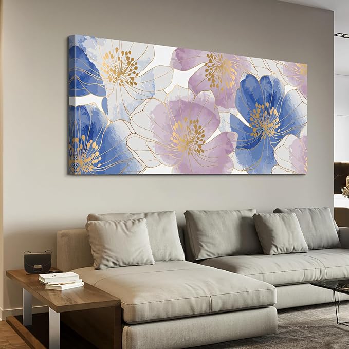 CanvasGarden Floral Canvas Wall Art, Blue and Purple Floral with Gold Lines Watercolor Poster Glam Botanical Soft Flower Home Decor, Framed Prints for Living Room Bedroom Office Decor, 32x16Inch