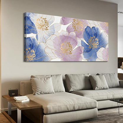 CanvasGarden Floral Canvas Wall Art, Blue and Purple Floral with Gold Lines Watercolor Poster Glam Botanical Soft Flower Home Decor, Framed Prints for Living Room Bedroom Office Decor, 48x24Inch